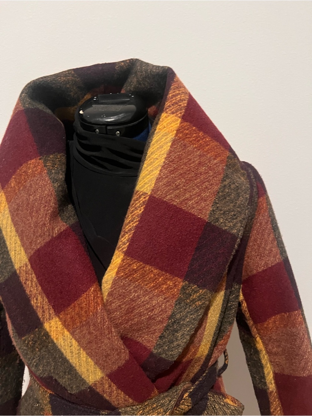 Chicwish Plaid Wrap Coat in Burgundy, Mustard & Olive size S - Picture 8 of 10